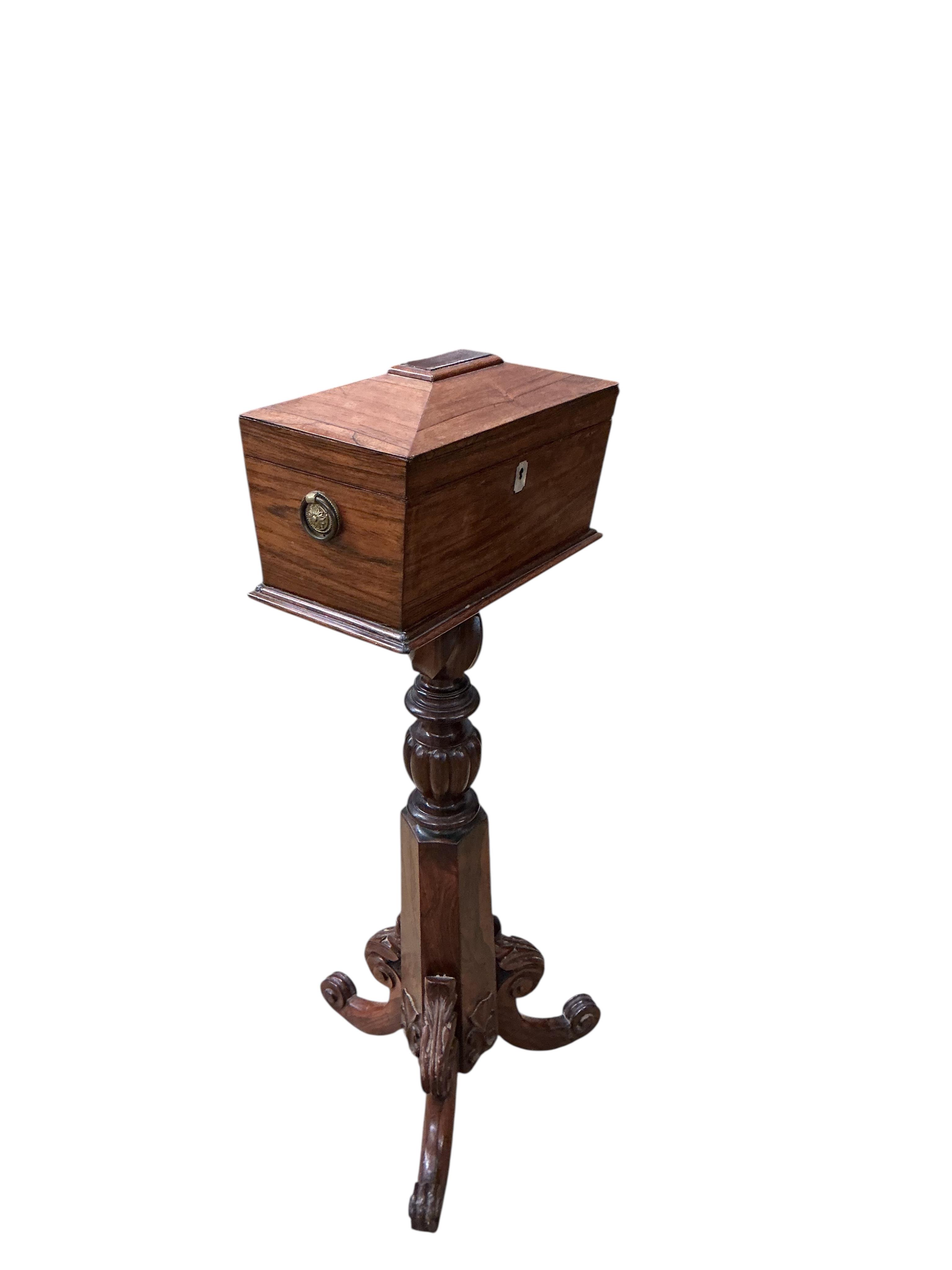 A Regency rosewood sarcophagus tea caddy, on associated stand